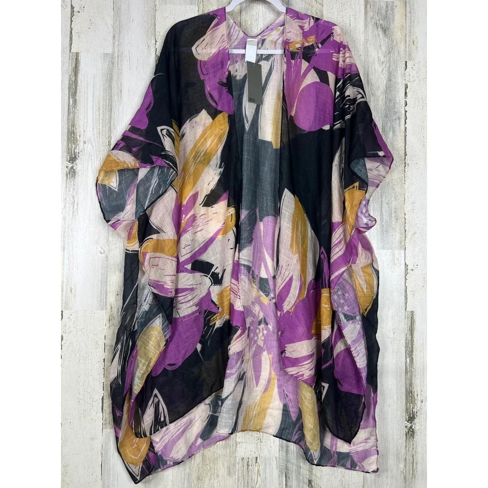Nordstrom Rack Floral Kimono Wrap OS Black Purple Resort Beach Swim Cover Up